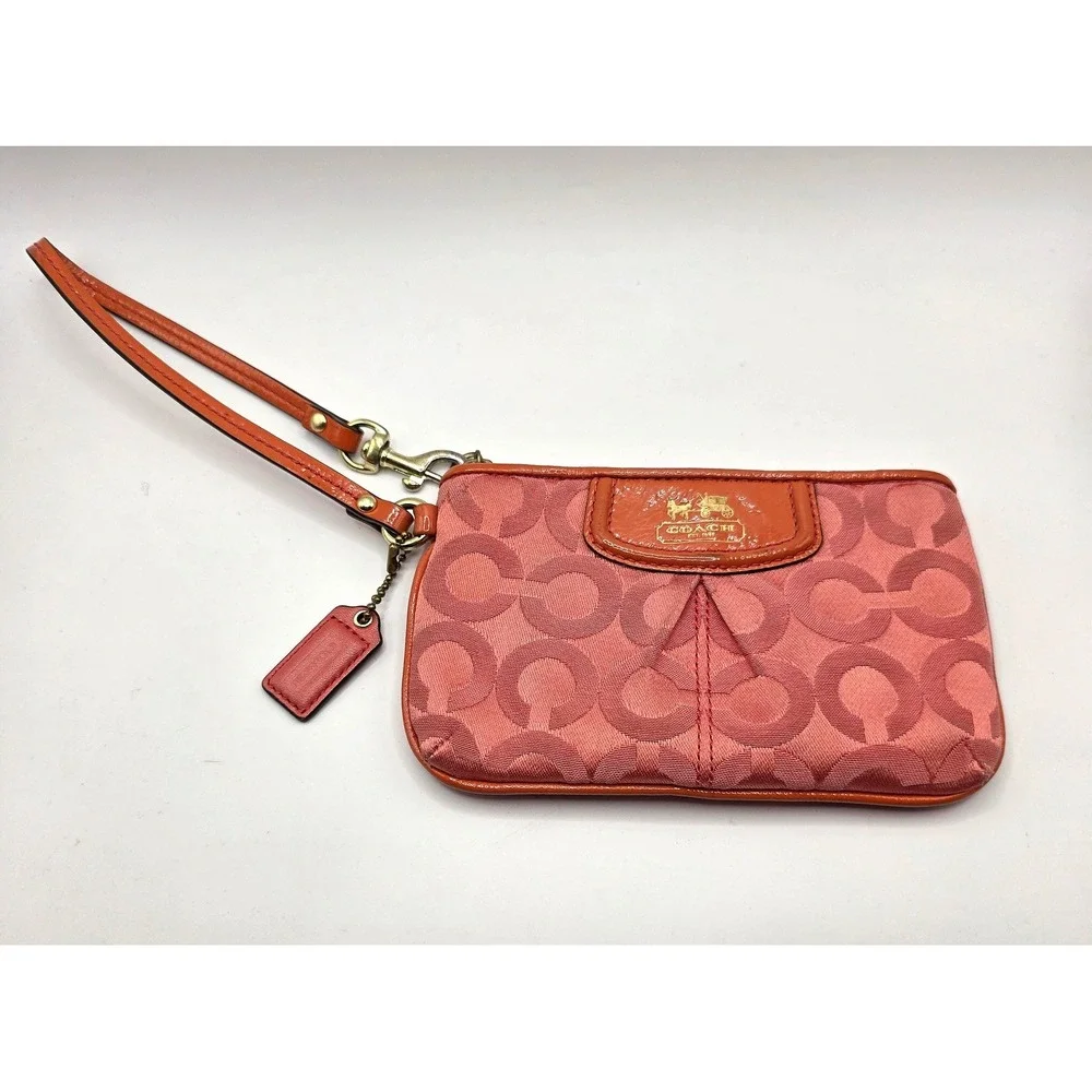 Coach Signature C Jacquard Wristlet Coral Pink Patent Leather Trim Gold Logo